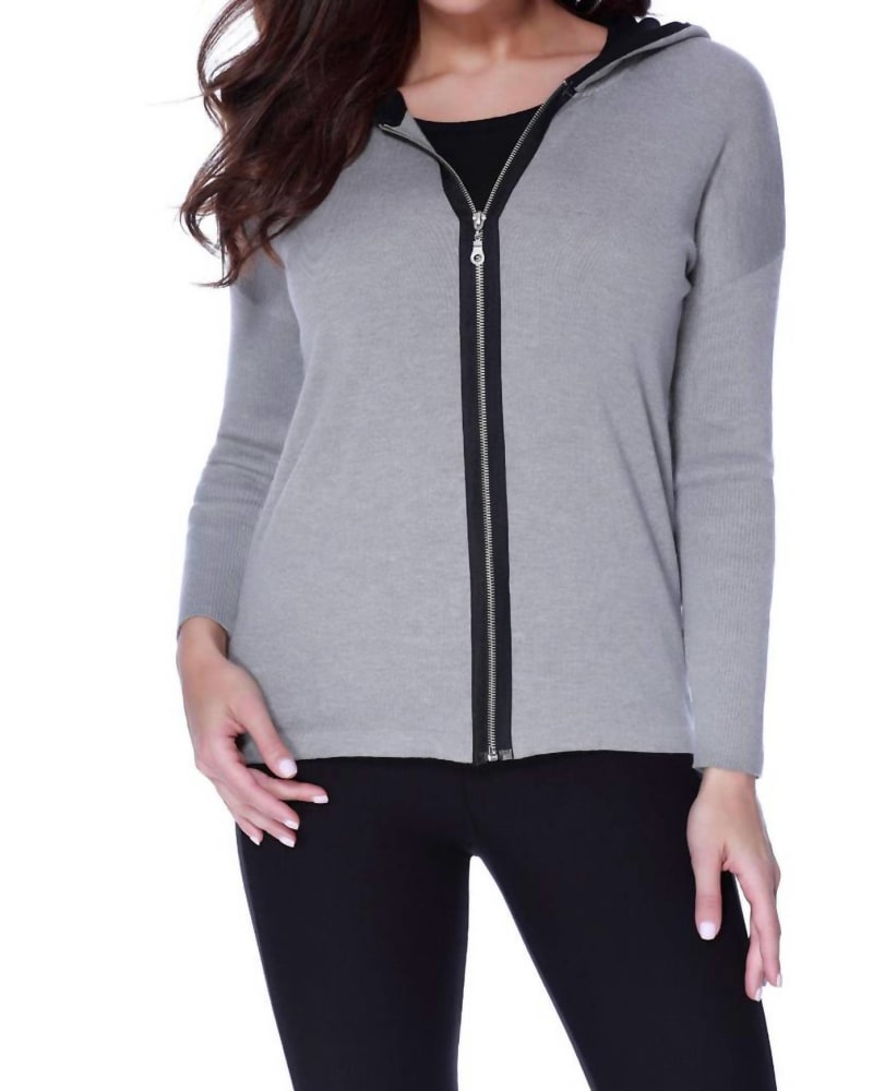 Front of a model wearing a size LG Frenchie Love Hooded Caridgan in Gray Multi in Gray Multi by ANGEL. | dia_product_style_image_id:327506